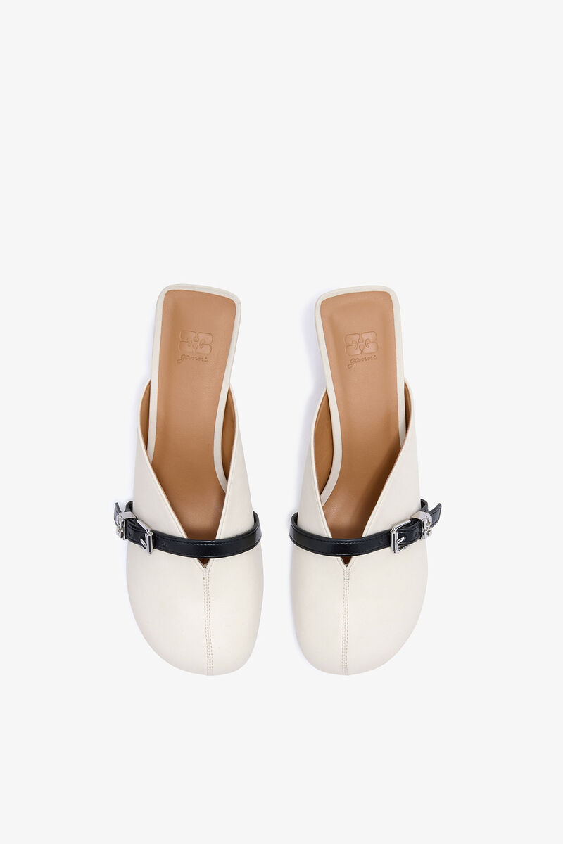 Ivory Heeled Sue Mules, Polyurethane, in colour Egret - 3 - GANNI