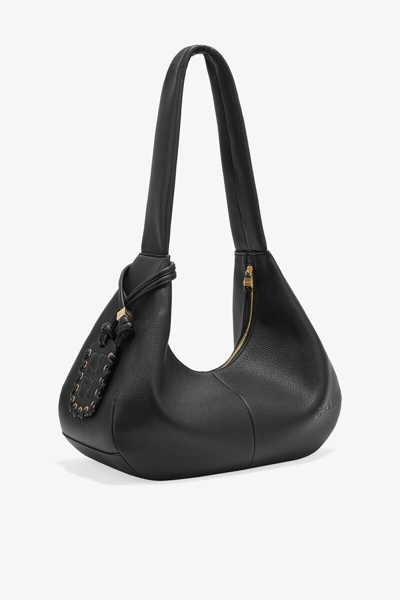 Black Grained Medium Hobo Bag, Recycled Polyester, in colour Black - 2 - GANNI