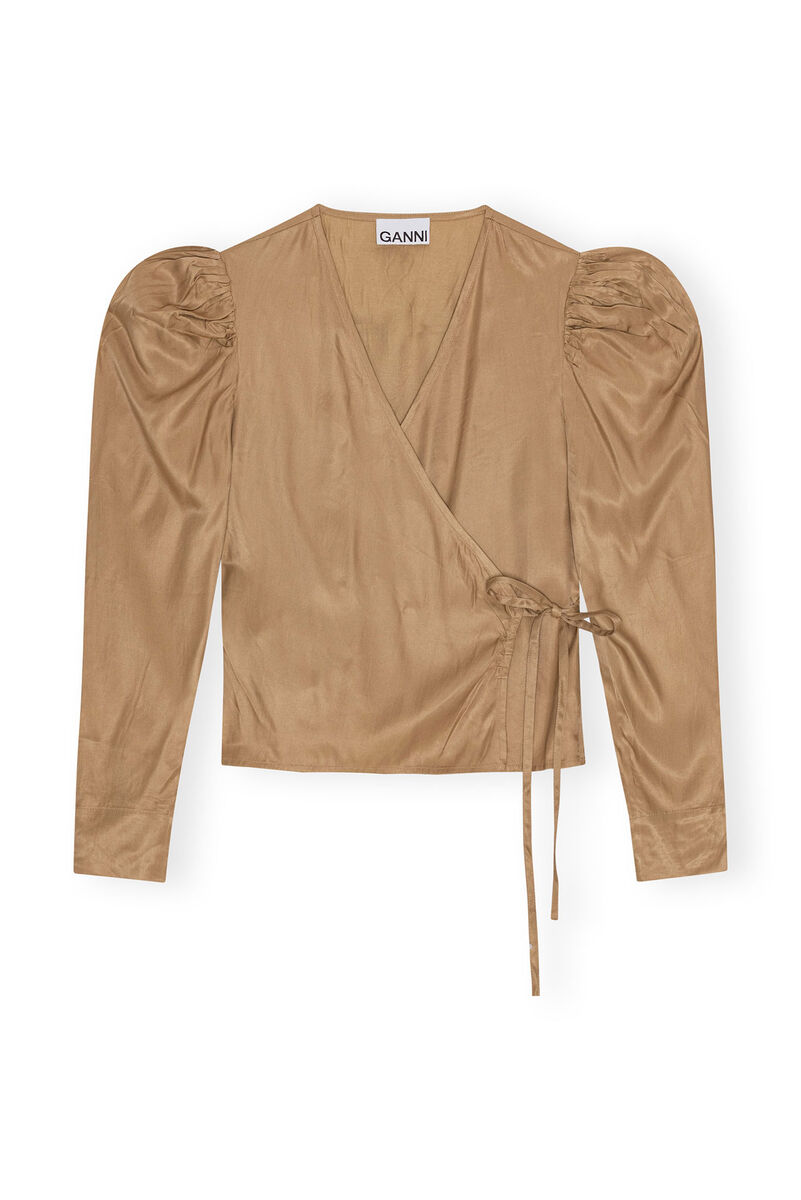 Brown Twill Wrap Blouse, Ecovero Viscose, in colour Tiger's Eye - 1 - GANNI