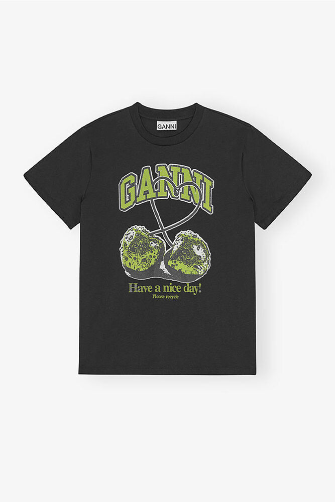 Black Basic Jersey Green Cherry Relaxed T-shirt, Phantom