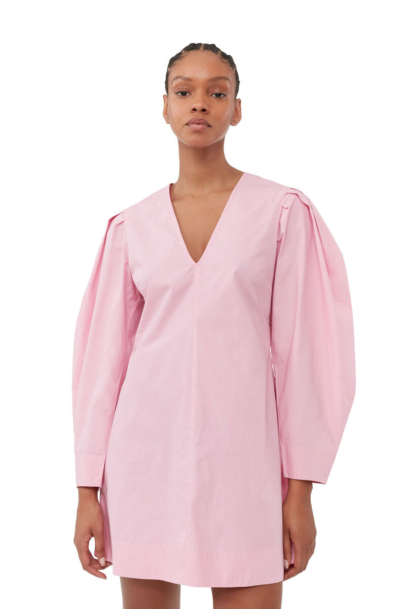 Pink Cotton Poplin V-neck Mini Dress, Cotton, in colour Orchid Smoke - 4 - GANNI