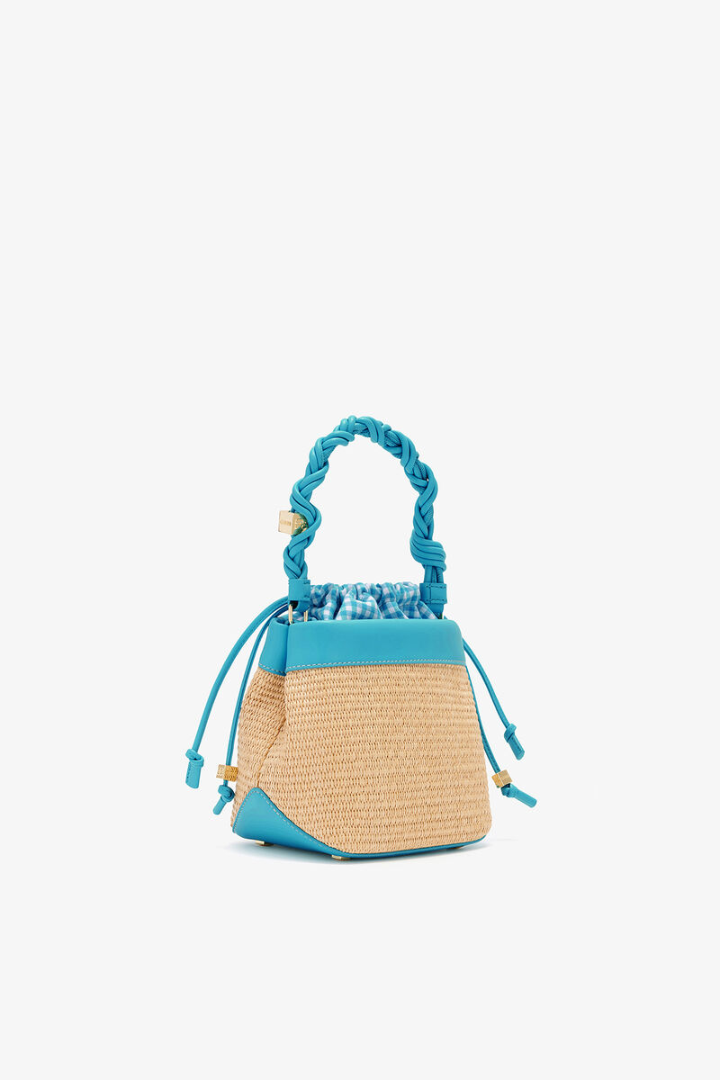 Bou Bucket Bag in Raffia, Recycled Leather, in colour Scuba Blue - 2 - GANNI