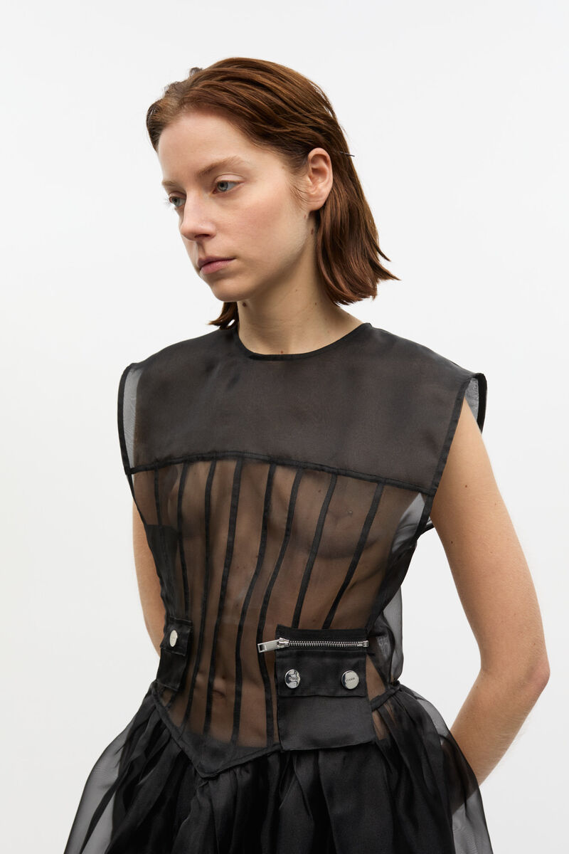 Black Technical Organza Corset Midi Dress, Recycled Polyester, in colour Black - 3 - GANNI