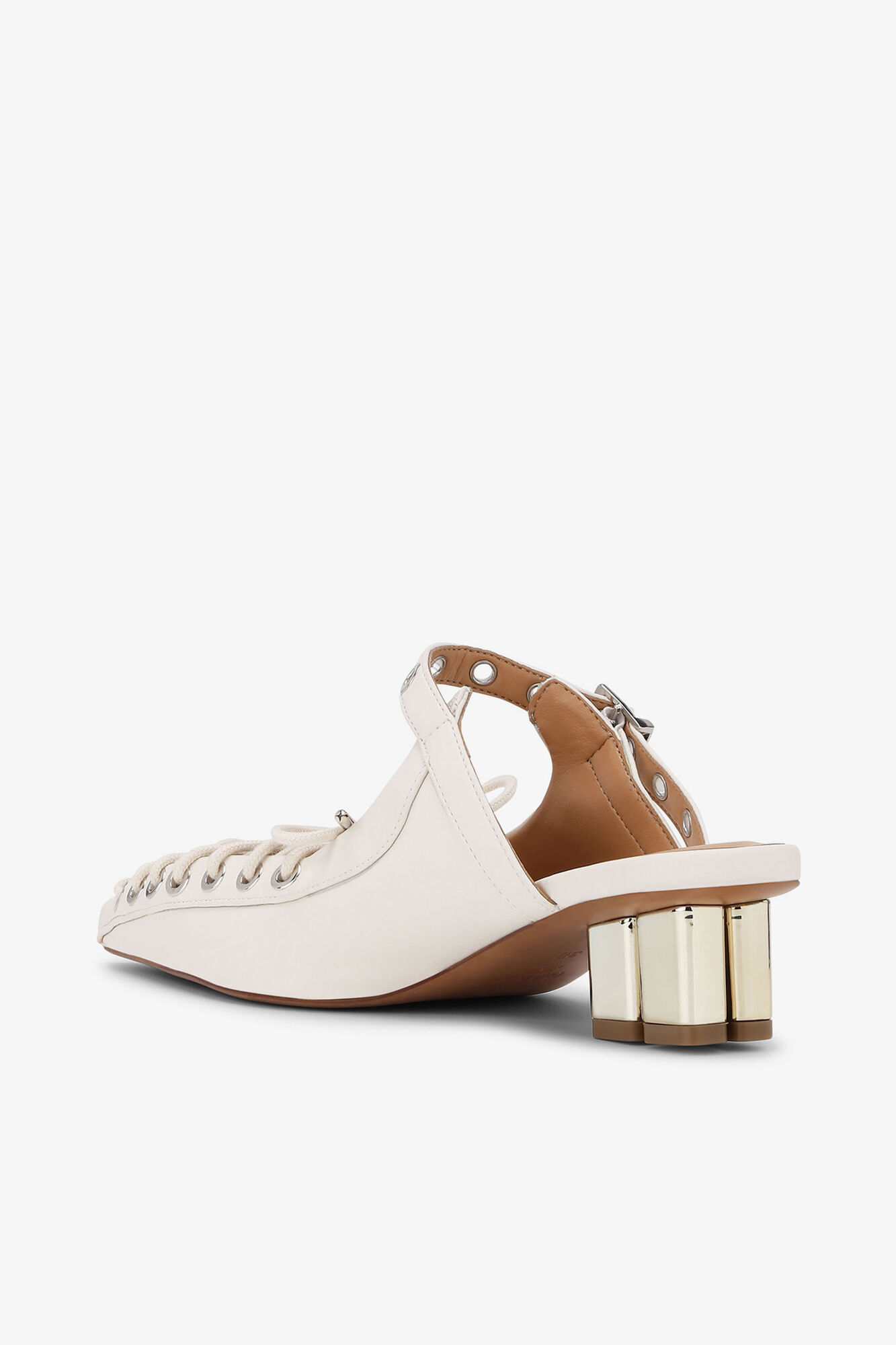 Lace-Up Mules in Ivory, Recycled Leather, in colour Egret - 3 - GANNI