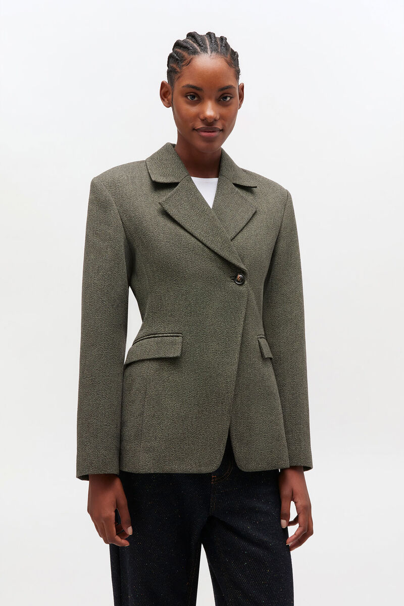 Green Mouline Blazer, Organic Cotton, in colour Forest Night - 2 - GANNI