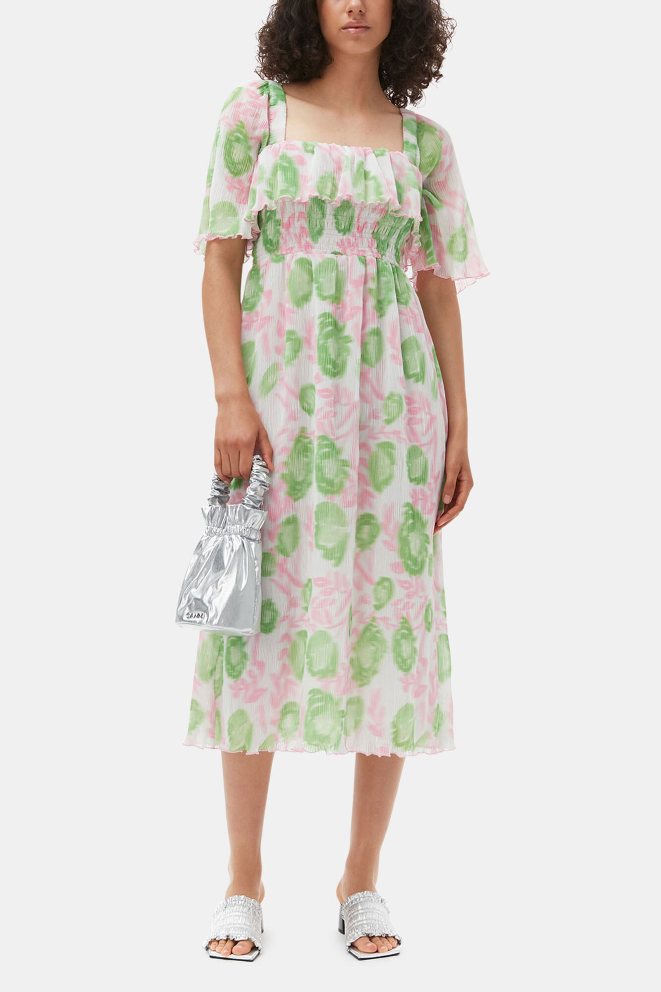 Pleated Georgette Midi Smock Dress, Recycled Polyester, in colour Pink Tulle - 1 - GANNI