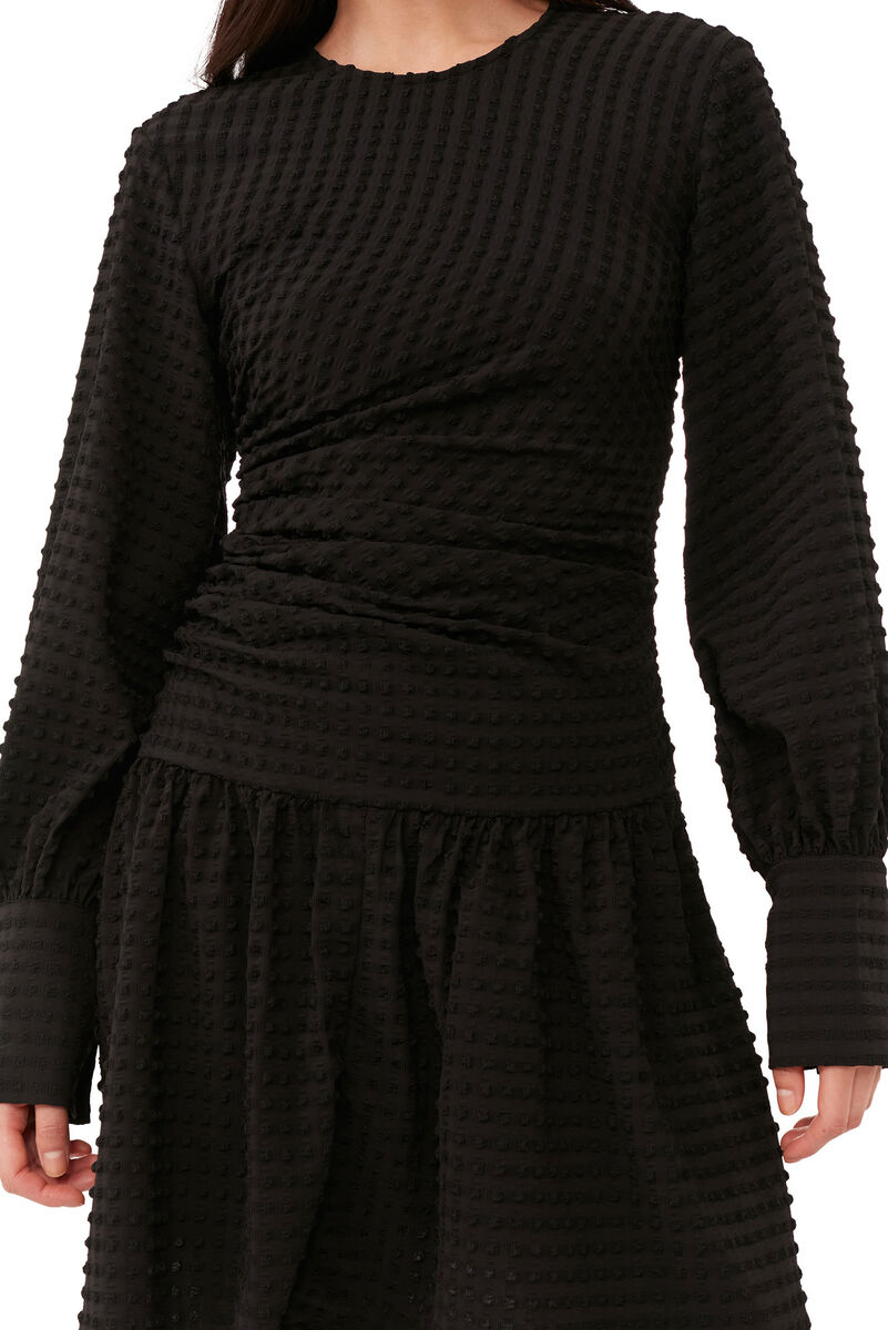 Black Seersucker Gathered Mini Dress, Elastane, in colour Black - 4 - GANNI