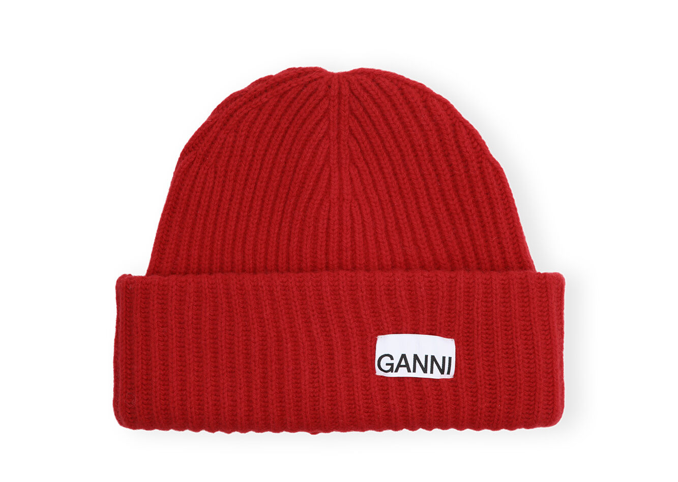 Red Loose Wool Rib Knit Beanie , Recycled Polyamide, in colour Racing Red - 1 - GANNI