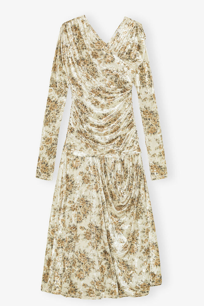 Golden Floral Ruched Dress, Cloud Cream