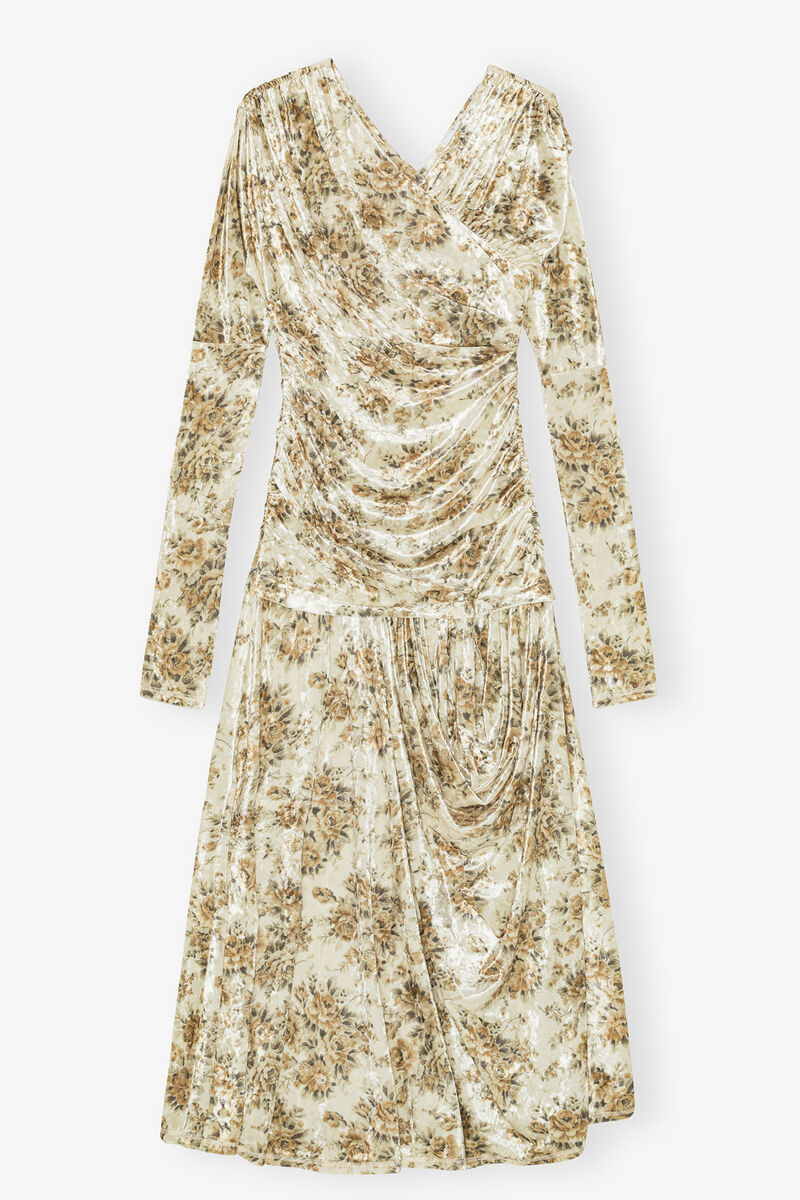Golden Floral Ruched Dress, Recycled Polyester, in colour Cloud Cream - 1 - GANNI