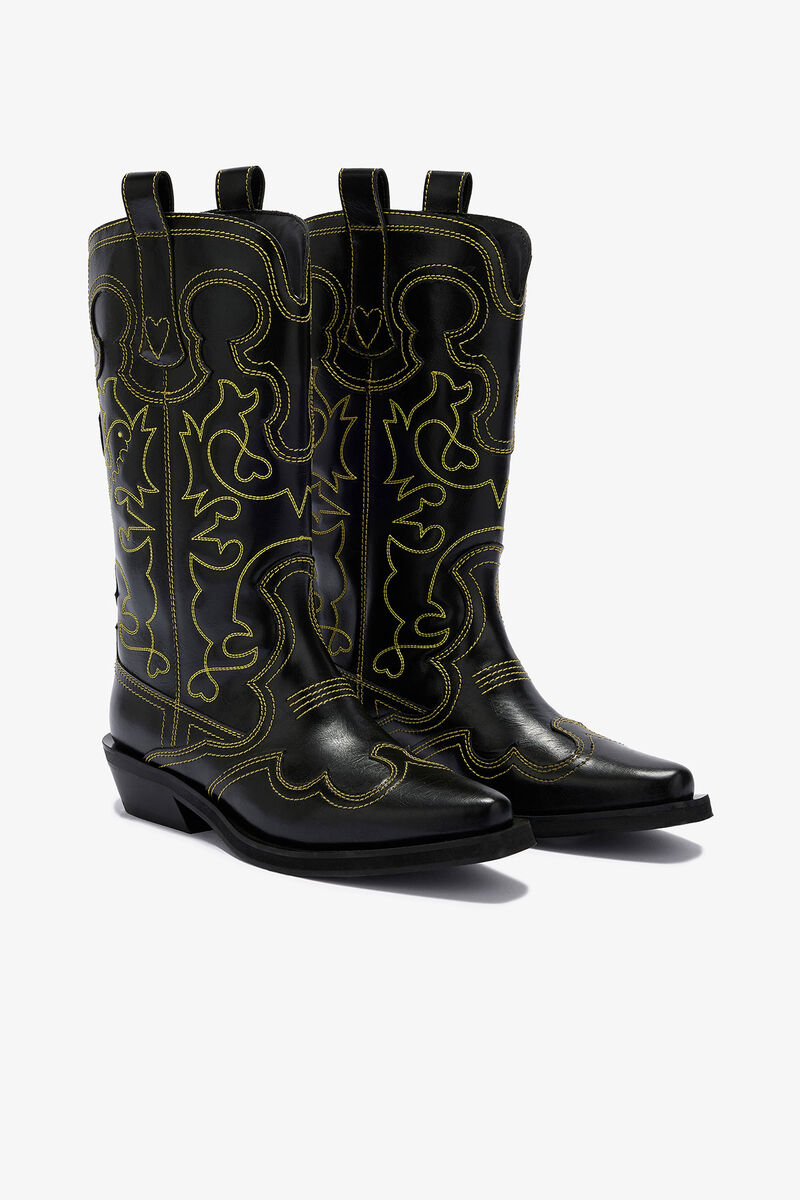 Mid Shaft Embroidered Western Boots, in colour Blazing Yellow - 2 - GANNI
