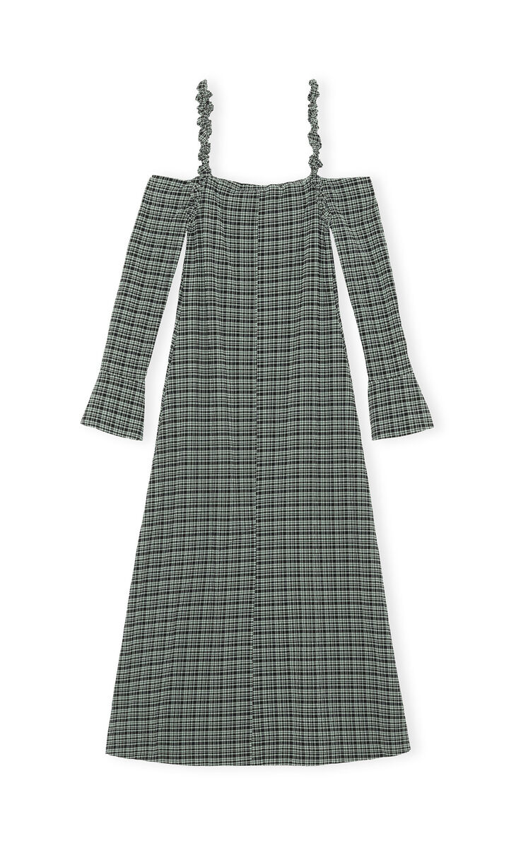 Seersucker Off-Shoulder Maxi Dress, Nylon, in colour Mini Check Green Bay - 1 - GANNI