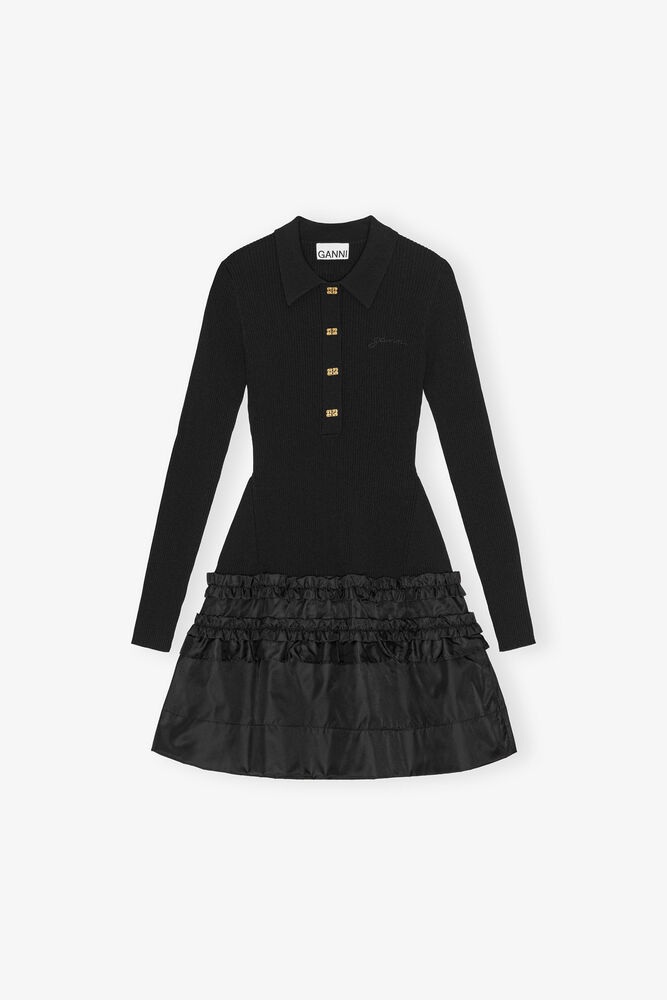 Mini-robe &agrave; volants en maille c&ocirc;tel&eacute;e, Black