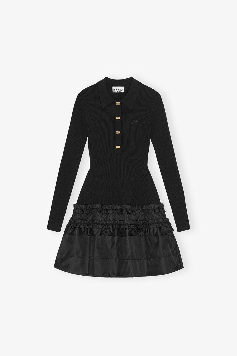 Mini Dress in Rib Knit Ruffle, Viscose, in colour Black - 1 - GANNI