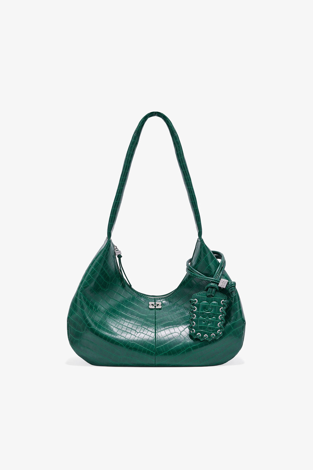Green Croco Medium Hobo Bag, Recycled Leather, in colour Pineneedle - 1 - GANNI