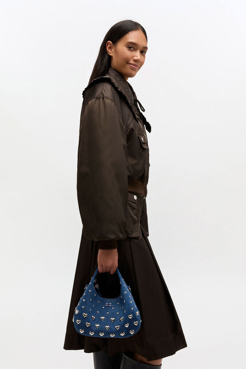 Denim Stud Mini Hobo Bag, Recycled Cotton, in colour Navy Peony - 1 - GANNI