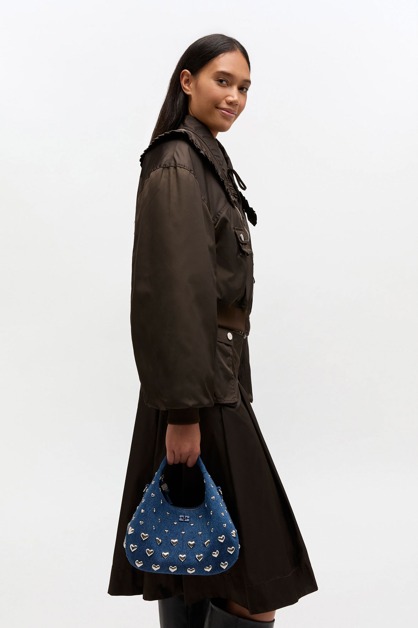 Denim Stud Mini Hobo Bag, Recycled Cotton, in colour Navy Peony - 1 - GANNI