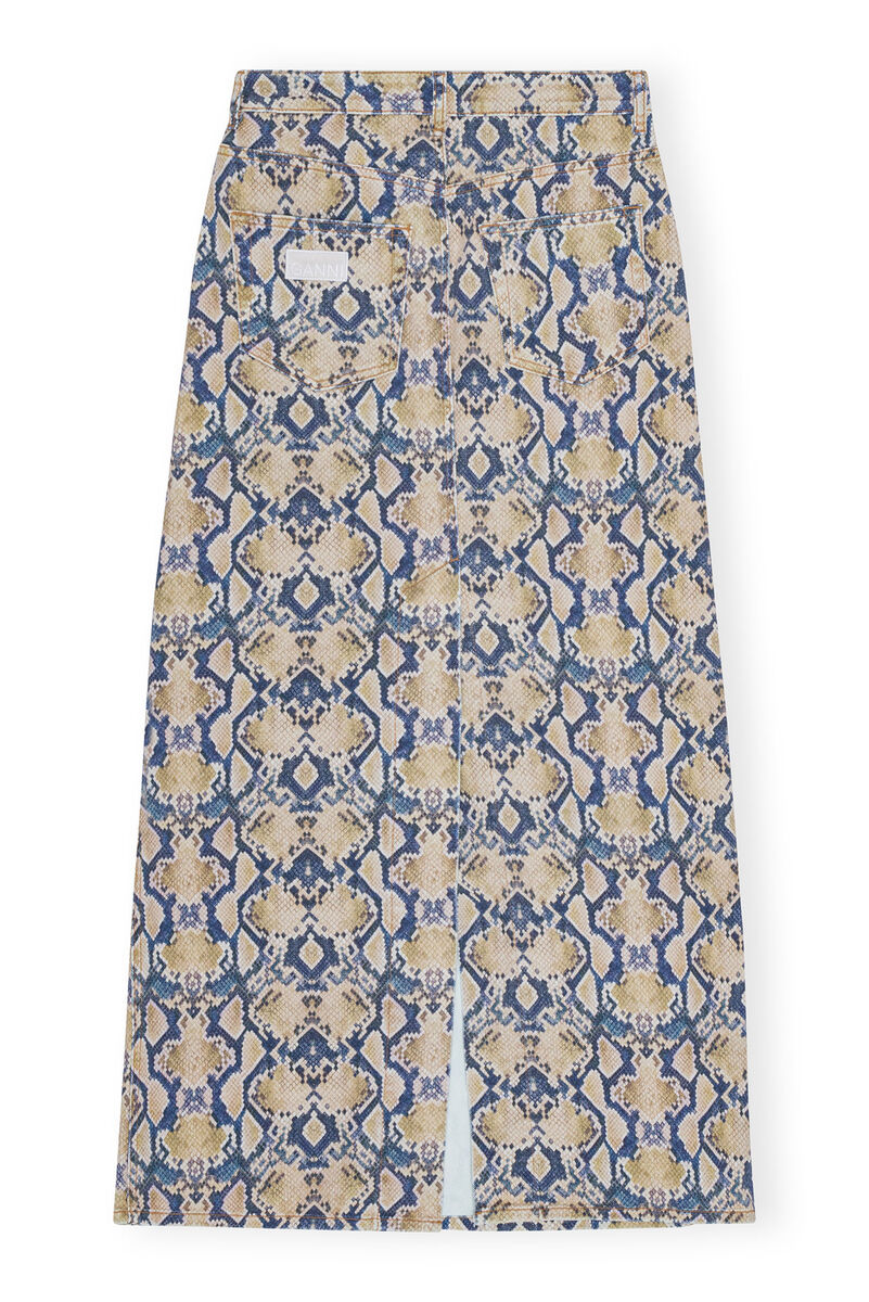 Snake Printed Denim Maxi Slit Skirt, Cotton, in colour Safari - 2 - GANNI