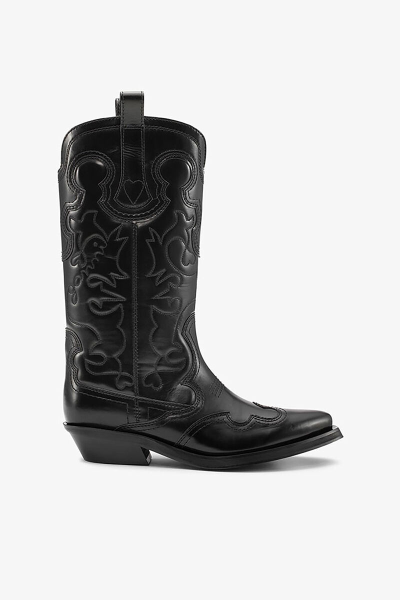 Mid Shaft Embroidered Western Boots in Black, Recycled Leather, in colour Black/Black - 1 - GANNI
