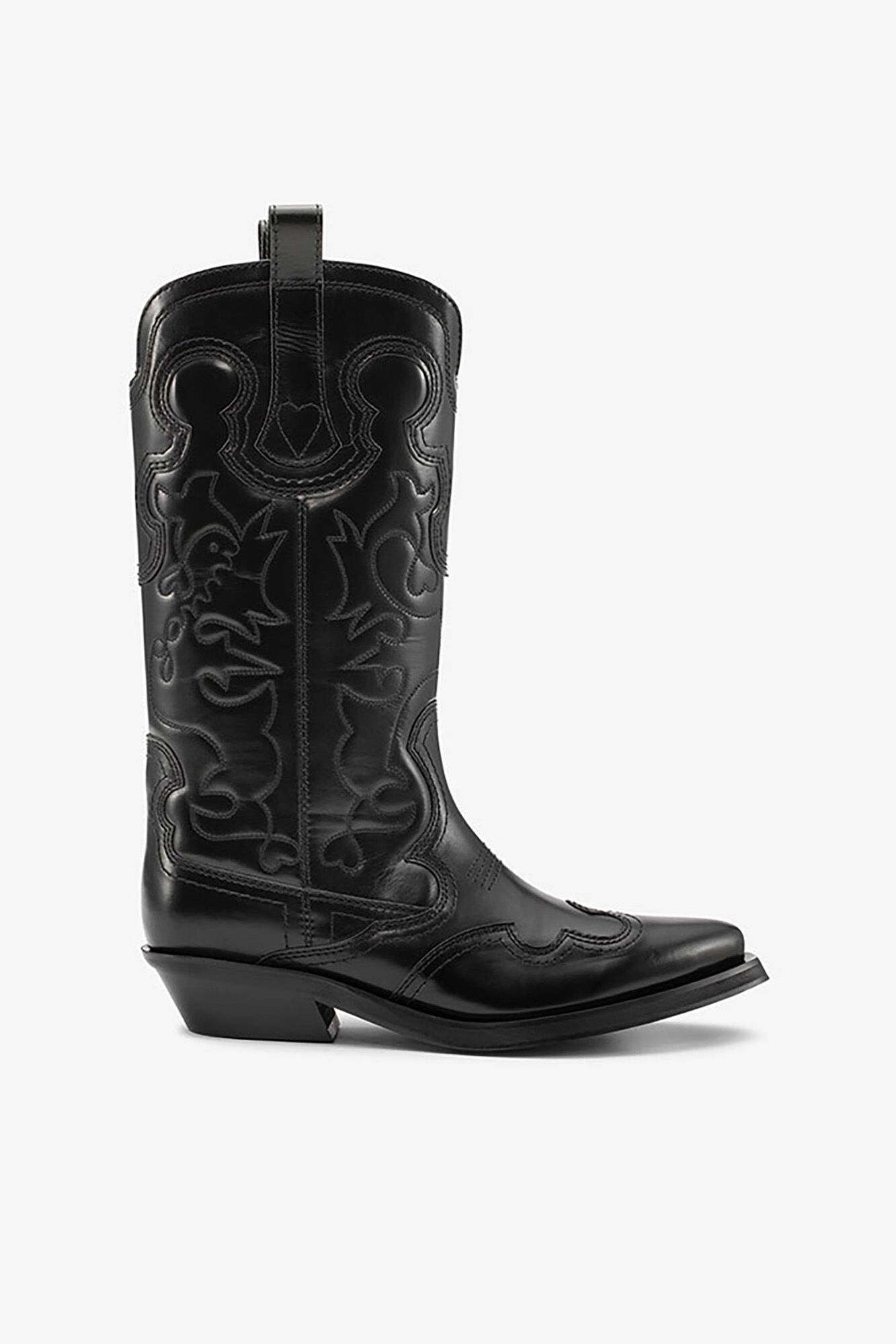 Mid Shaft Embroidered Western Boots in Black, Recycled Leather, in colour Black/Black - 1 - GANNI