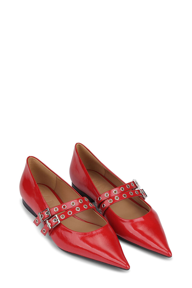 Red Eyelets Ballerinas, Cotton, in colour Racing Red - 2 - GANNI
