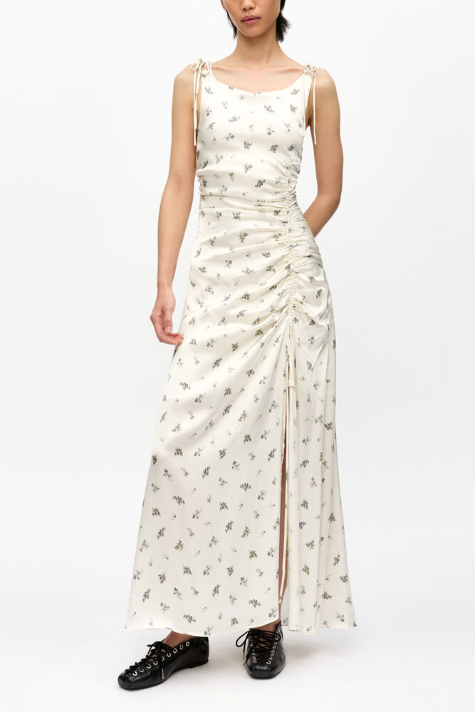 Bedrucktes Satin-Kleid mit Raffung, Egret