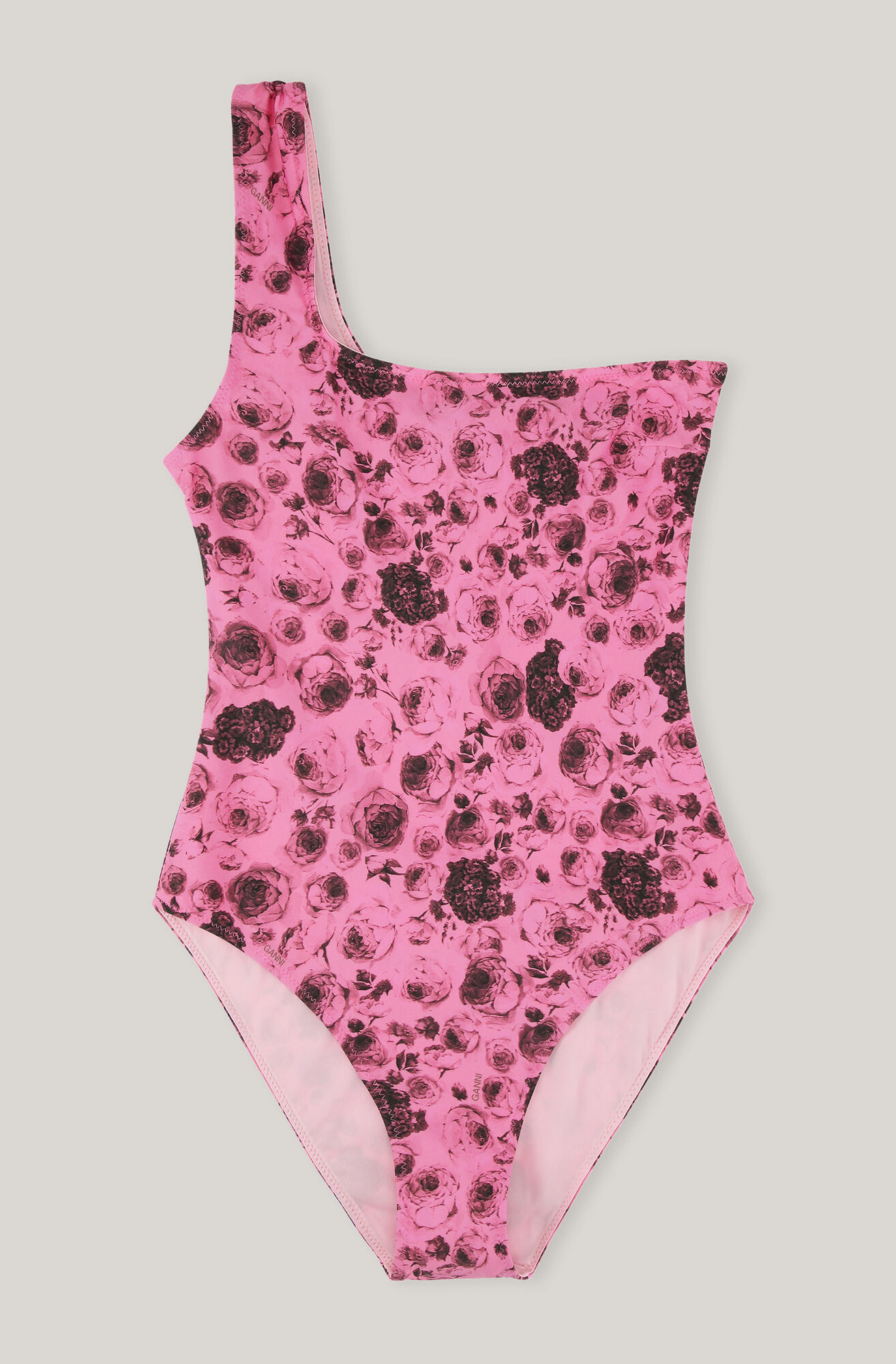 Recycled Printed One Shoulder Swimsuit, in colour Shocking Pink - 1 - GANNI