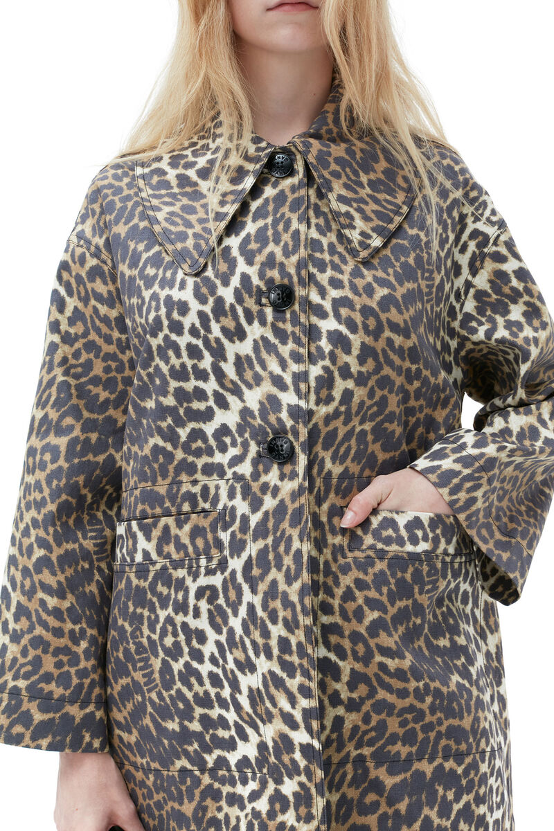 Leopard Printed Canvas Coat, Hemp, in colour Almond Milk - 4 - GANNI