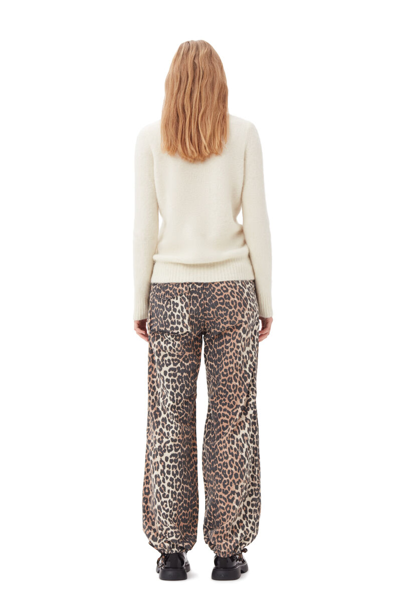Leopard Washed Cotton Canvas Drawstring Trousers, Elastane, in colour Almond Milk - 3 - GANNI