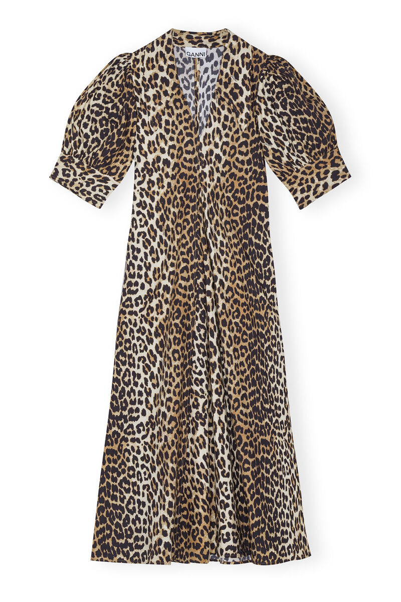 Robe longue à col en V en popeline de coton léopard, Cotton, in colour Leopard - 3 - GANNI