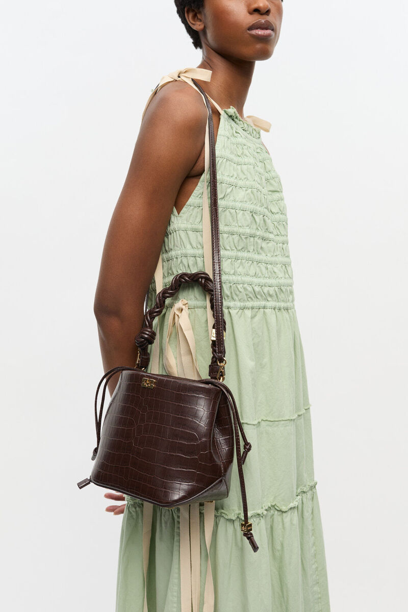Brown Croco Bou Bucket Bag, Recycled Leather, in colour Chocolate Fondant - 2 - GANNI
