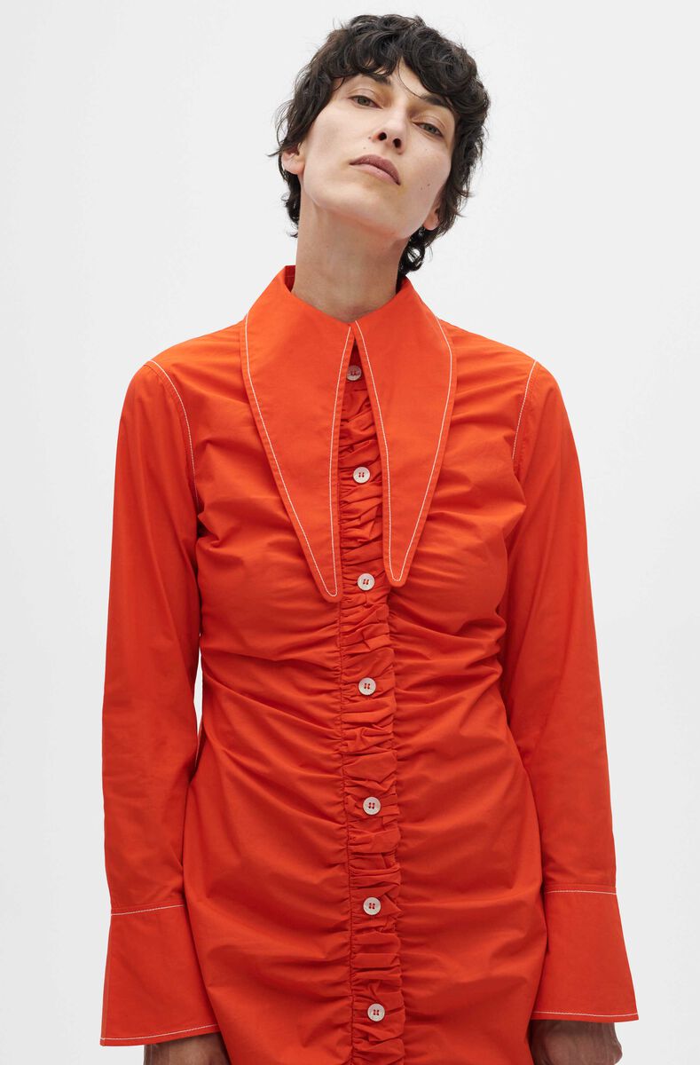 Gathered Placket Midi Dress, Cotton, in colour Orangedotcom - 3 - GANNI
