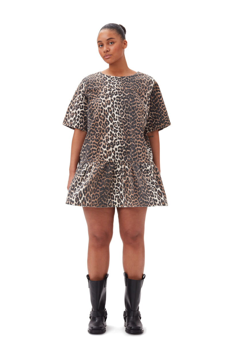 Leopard Open-back Mini Denim Dress, Cotton, in colour Leopard - 5 - GANNI