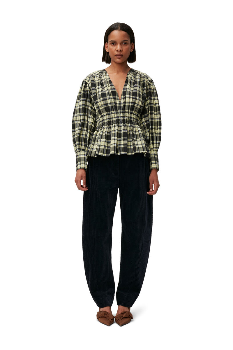 Checkered Seersucker Blouse, Cotton, in colour Check Elfin Yellow - 1 - GANNI