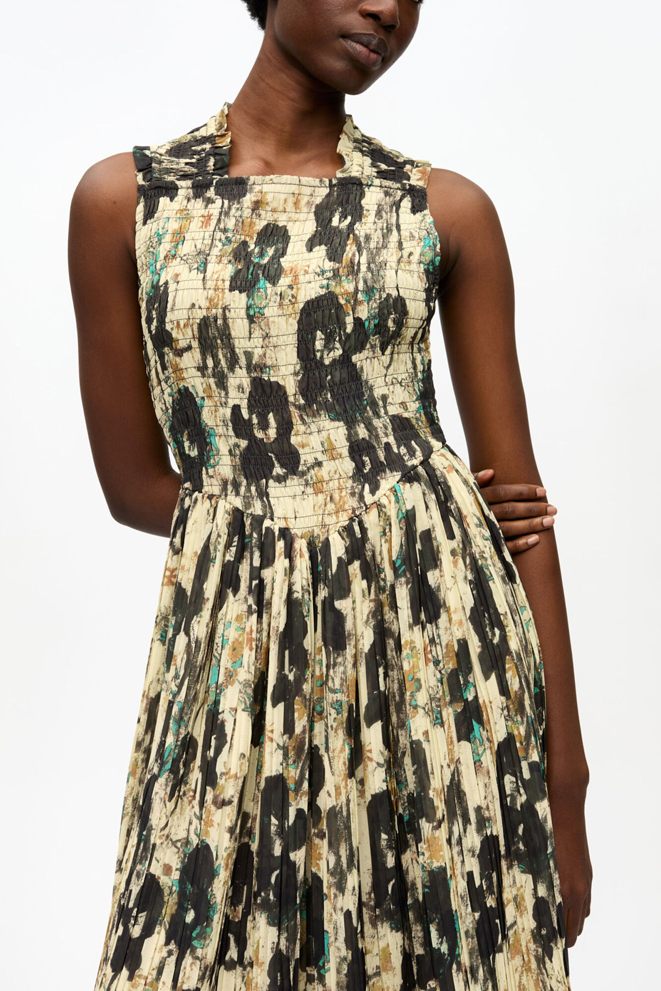 Printed Pleats Smock Midi Straps Dress, Recycled Polyester, in colour Afterglow - 3 - GANNI