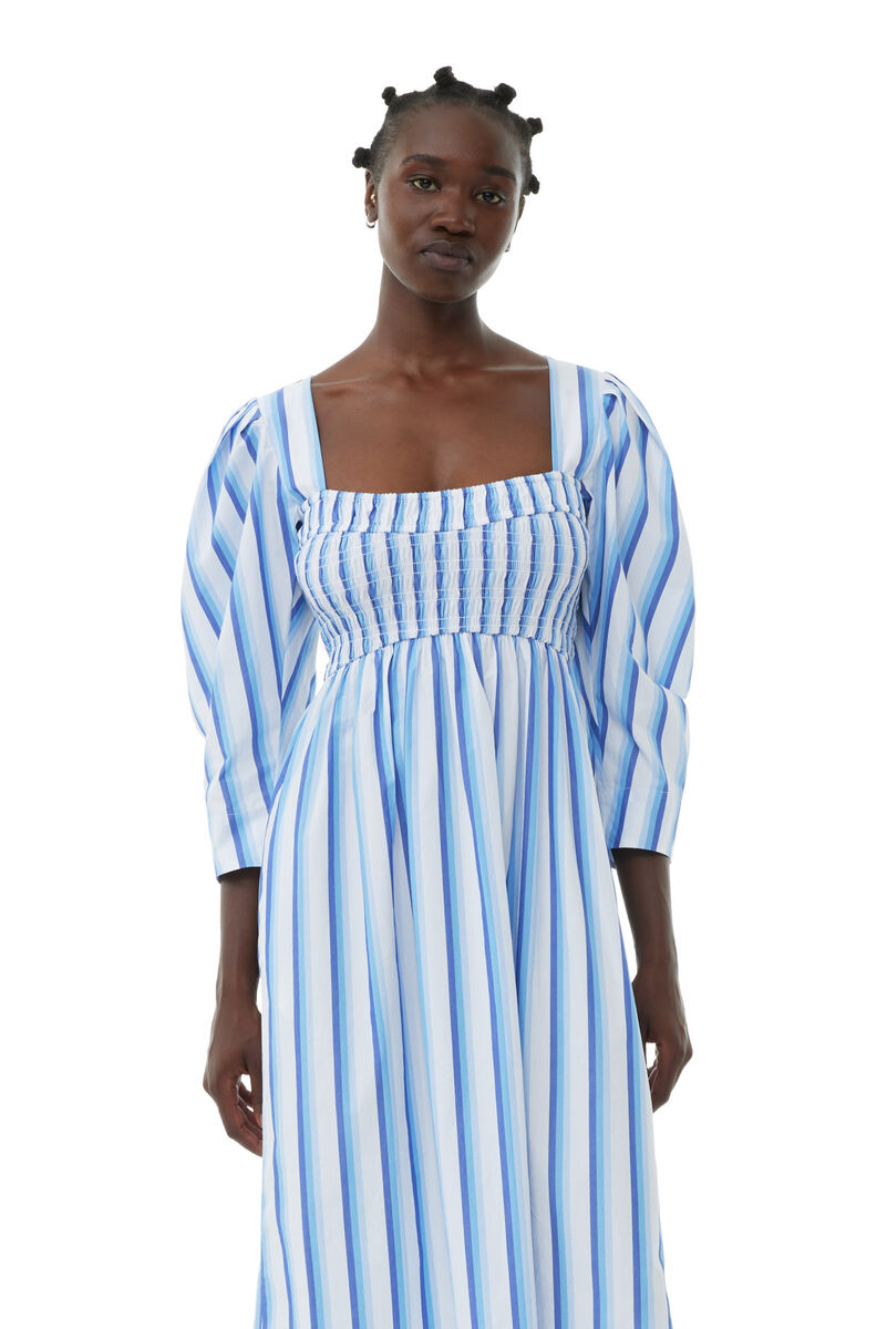 Blue Striped Cotton Smock Long klänning, Cotton, in colour Silver Lake Blue - 2 - GANNI