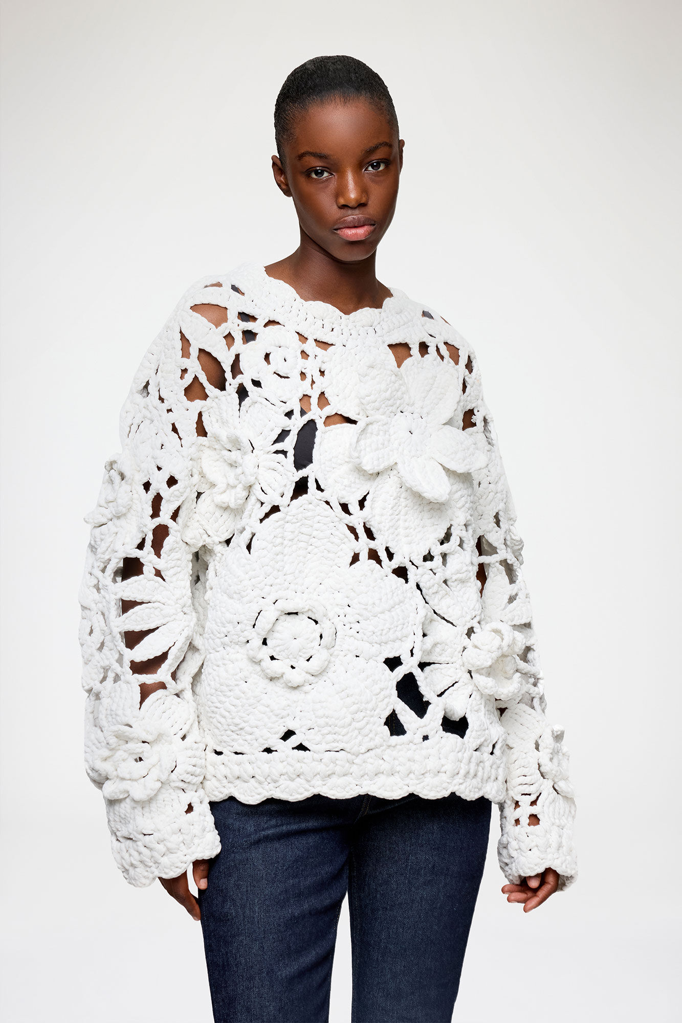 Handknit Crewneck in White, Organic Cotton, in colour Bright White - 2 - GANNI