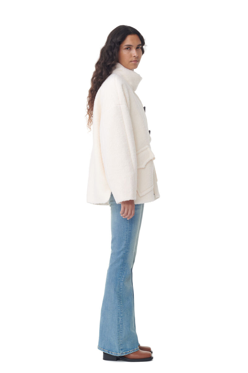 White Boucle Wool Shoulder Jacket, Polyester, in colour Egret - 3 - GANNI