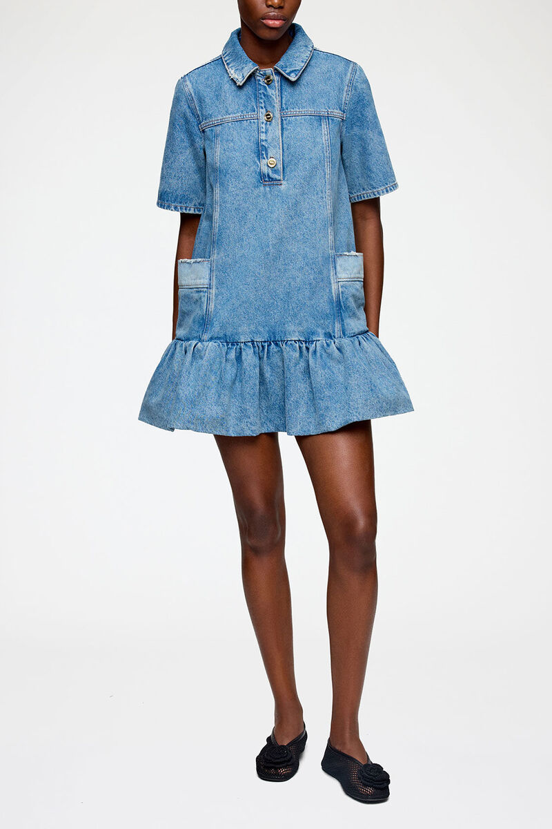 Dress in Patchwork Denim, Organic Cotton, in colour Mid Blue Vintage - 1 - GANNI