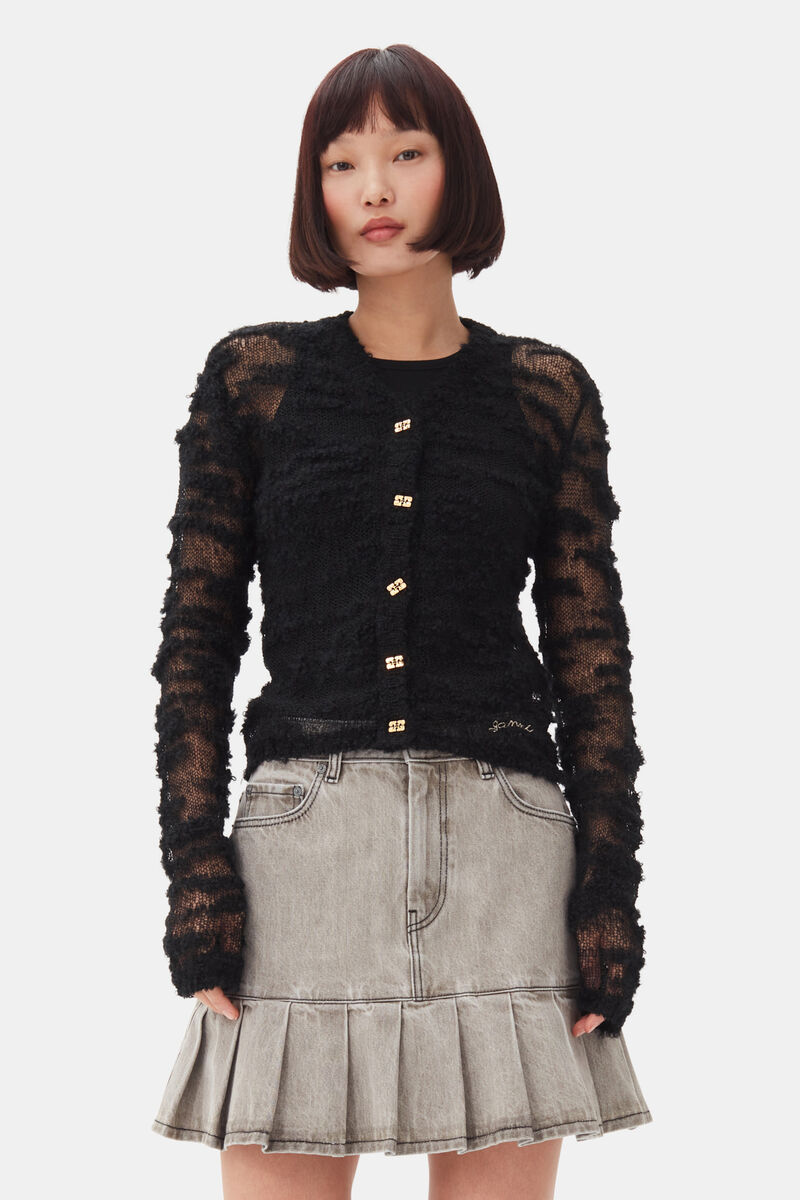 Black Alpaca Mohair Boucle Cardigan, Alpaca, in colour Black - 1 - GANNI