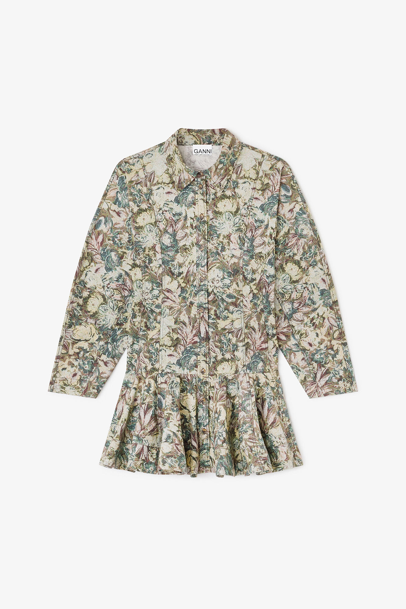 GANNI フラワープリント Printed Cotton ペプラム Jadeite タペストリーフローラルプリントのシャツドレス | GANNI (Global)