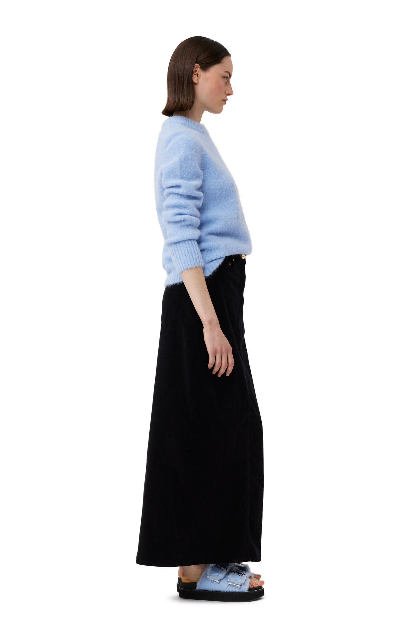 Black Washed Corduroy Long Skirt, Elastane, in colour Black - 3 - GANNI