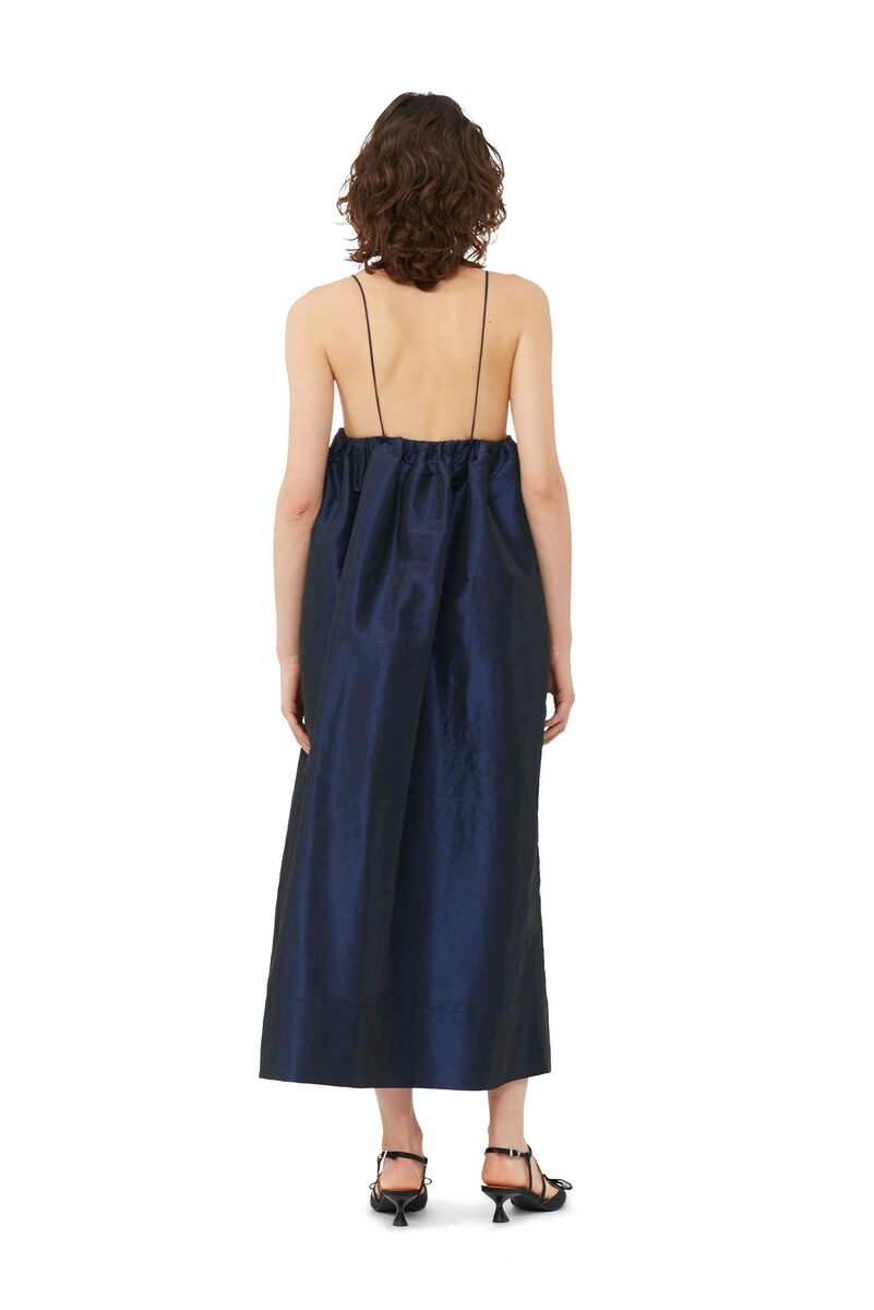 Blue Shiny Taffeta Strap Dress, Polyester, in colour Sodalite Blue - 3 - GANNI