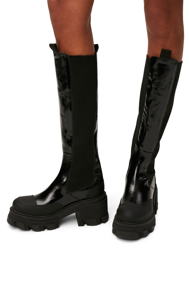Black Cleated Knee-High Chelsea Boots, Calf Leather, in colour Black - 1 - GANNI