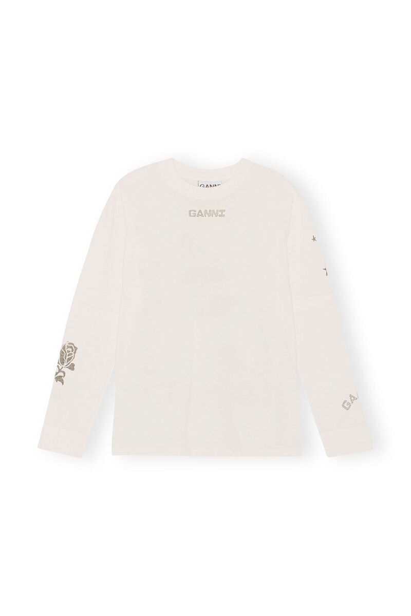 White Long Sleeve T-shirt, Cotton, in colour Vanilla Ice - 1 - GANNI