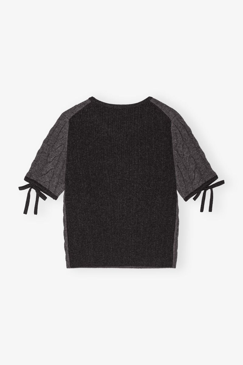 Cable Knit Tie Sleeve Top, Cashmere, in colour Phantom - 2 - GANNI
