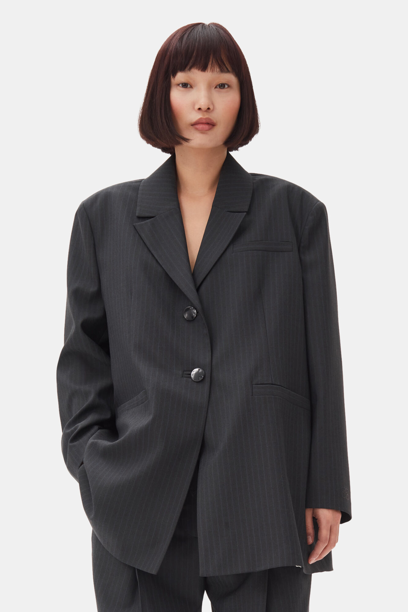 Charcoal Stripe Suiting Oversized Blazer, Elastane, in colour Phantom - 1 - GANNI