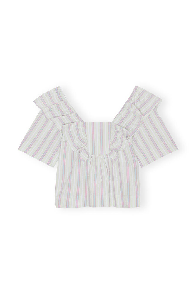 Striped Seersucker blus med krås, Mauve Chalk