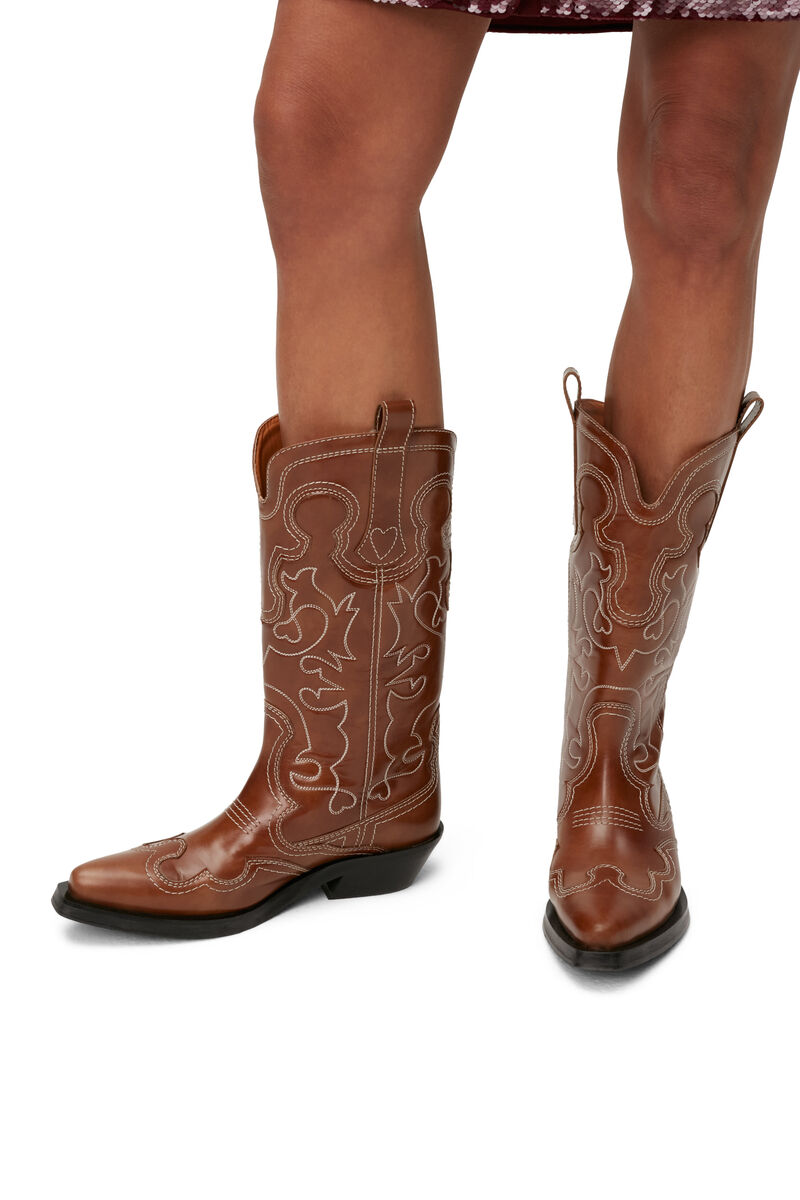 Embroidered Western Boots, Calf Leather, in colour Tiger's Eye - 1 - GANNI