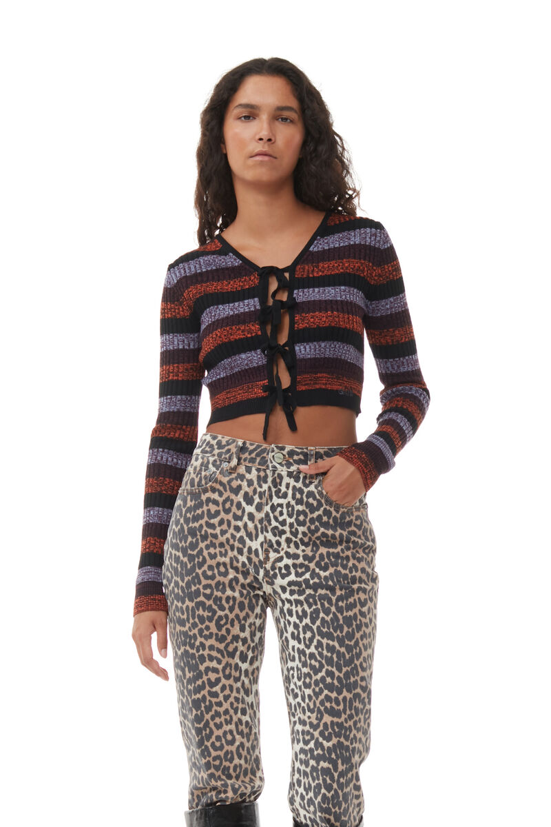 Striped Merino Rib Cropped Cardigan, Merino Wool, in colour Multicolour - 1 - GANNI